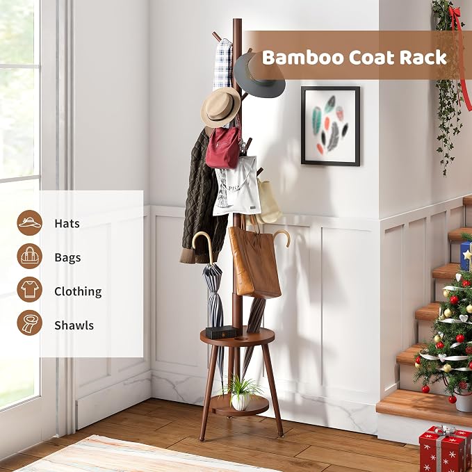 Freestanding Coat Rack with Umbrella Organizer Tray Bamboo Coat Tree Rack with 8 Hook Stand for Clothes Bag Hats Entryway Hanger Stand(Brown)