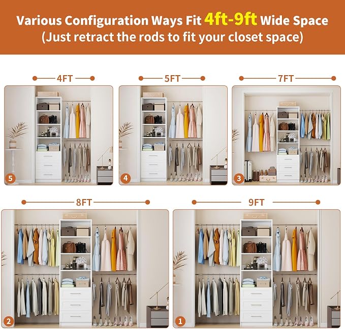 Closet System with Drawers, 4-8FT Closet Organizer System, 96” Walk in Closet Organizer Tower with Adjustable Shelves, Modular Closet Storage Drawer System with 4 Expandable Hanging Rods, White