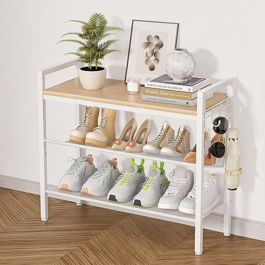 3 Tier Shoe Rack, Shoe Rack for Entryway with Hook, Shoe Organizer with Adjustable Mesh Shelves, Metal Shoe Storage, Closet, Bedroom Living Room Garage