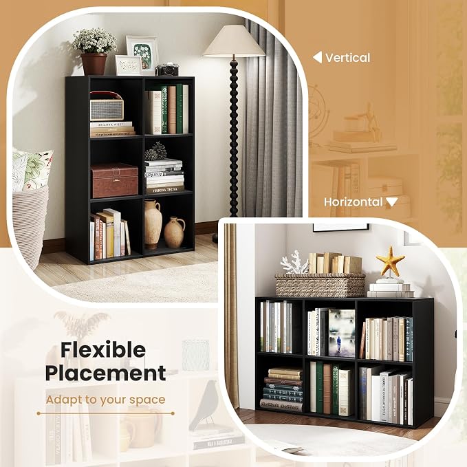 Giantex 6-Cube Bookcase, 3-Tier Cubby Bookshelf, Horizontal Vertical Display Rack with Anti-Tipping Kits, Modern Storage Organizer Shelf Unit for Bedroom, Living Room, Study Room, Black | Horizontal Vertical Display Rack with Anti-Tipping Kits, Modern ...