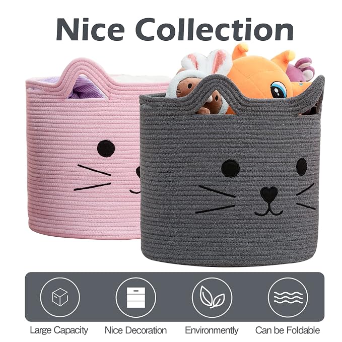 VK VK·LIVING Cat Toy Basket Cute Cotton Rope Animal Storage Pink Laundry Baskets for Toys, Clothes,Gifts,Towels, Blankets, Pet Bed Pink Laundry Hamper for Organizing 15''x14''