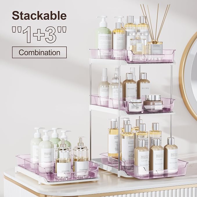 Delamu 2-Tier Multi-Purpose Bathroom Under Sink Organizers and Storage, Stackable Kitchen Pantry Organization, Pull Out Medicine Cabinet Organizer with Movable Dividers, Purple, 2 Pack