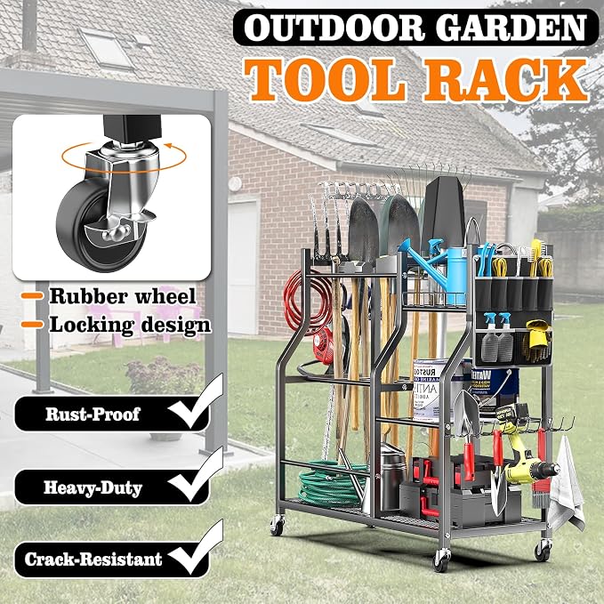 36" Large Garden Tool Organizer with Wheels & Side Tool Bag, 3 Tier Rolling Garage Storage Rack for Long Handled Rakes, Shovels, Brooms, Freestanding Yard Tools Cart for Shed & Outdoors