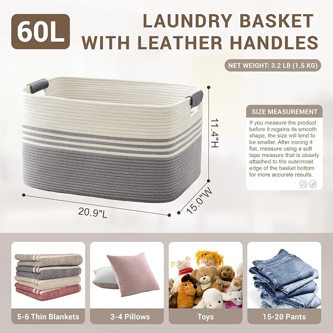 60L Woven Laundry Basket Hamper with Leather Handles,Grey | collapsible wicker hamper, storage for dirty clothes, toys, blankets, gifts, living room, bedroom, bathroom, 21"x15"x11"