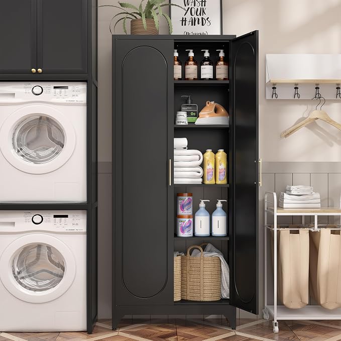 Steeloong 75"Metal Pantry Storage Cabinet with Doors & 4 Adjustable Shelves | Kitchen Pantry Cabinet,Black Tall Pantry Cabinet for Kitchen Storage,Storage Cupboard for Living Room,Pantry,Garage,Bathroom