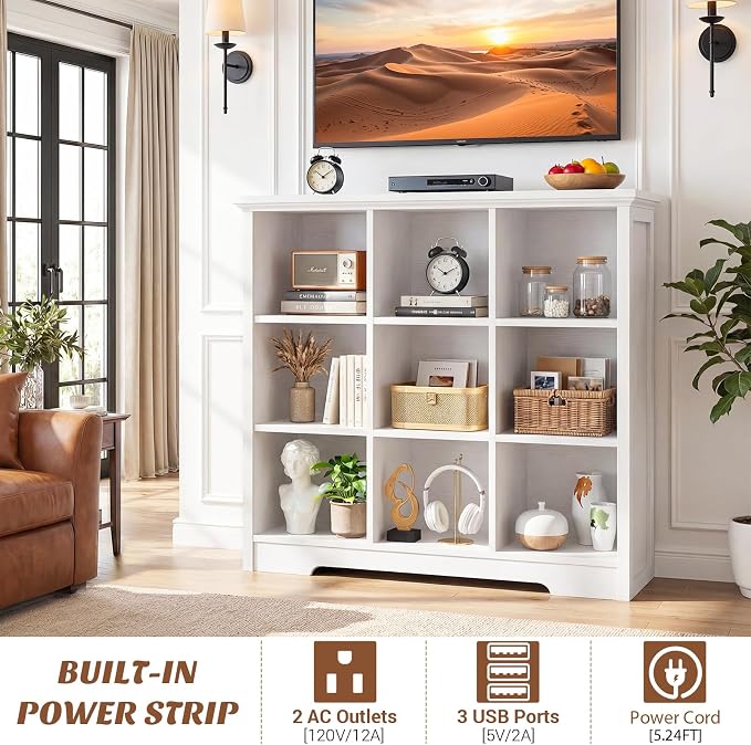 Aheaplus Wooden 9-Cube Storage Organizer with Charging Ports, Modern Cube Bookcase with Base, 4-Tier Floor Standing Open Cubbies Bookshelf, Cubicle Display Shelf for Home and Office, White