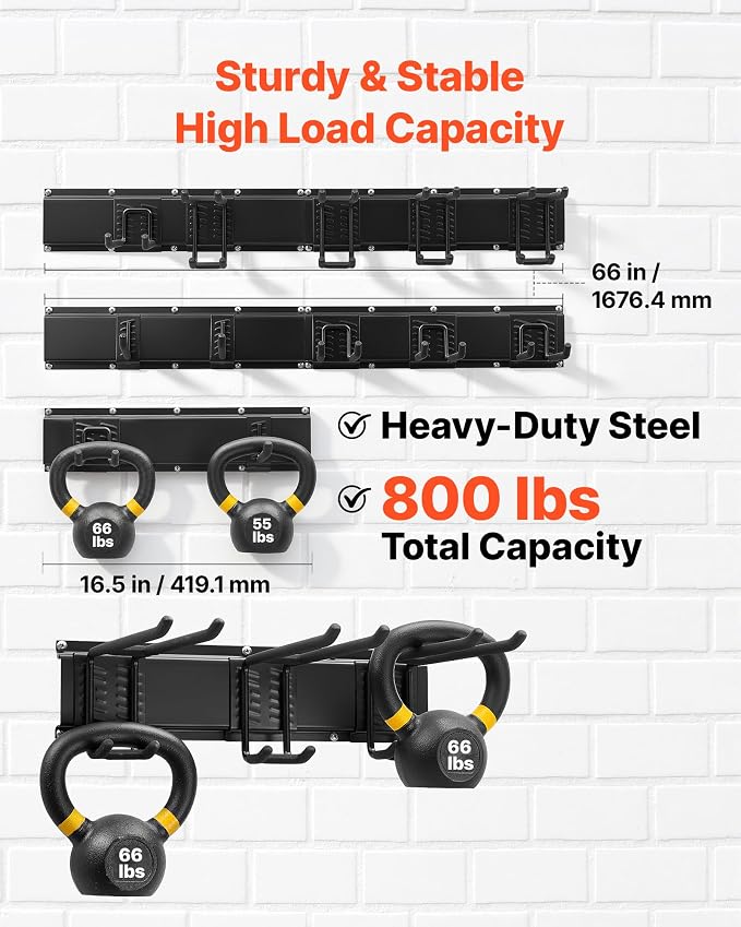 VEVOR Garage Tool Organizer 66 Inch 800 lbs Wall Mount Garden Tool Rack, Heavy Duty Garage Hanging Storage Rack Organization with 4 Rails and 10 Adjustable Hooks, for Yard Tools, Shovel, Rake, Shed
