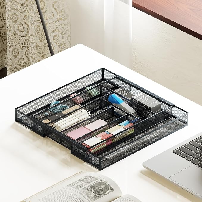 Sedegn Silverware Organizer Metal Mesh, Large Drawer Organizer | Utensil Cutlery Tray for kitchen drawers, Expandable Flatware Organizer with 8 Compartment Black 11.6"~20" x 17.3"