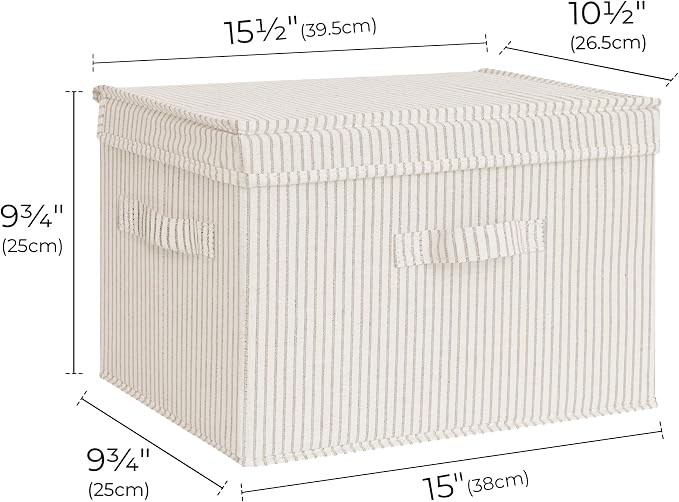 StorageWorks Fabric Storage Bins with Lid, Decorative Storage Boxes for Shelves, Stackable Closet Organizer Basket with Handles, Large, Khaki and Beige Stripes, 2-Pack