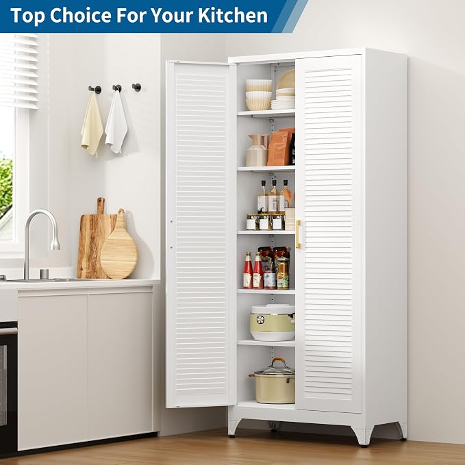 75" Tall White Metal Storage Cabinet with Doors, Heavy Duty | Freestanding Louvered Door Kitchen Pantry Cabinet, 5 Shelves (180 Lbs Load), Tall Steel Cabinets for Home and Office
