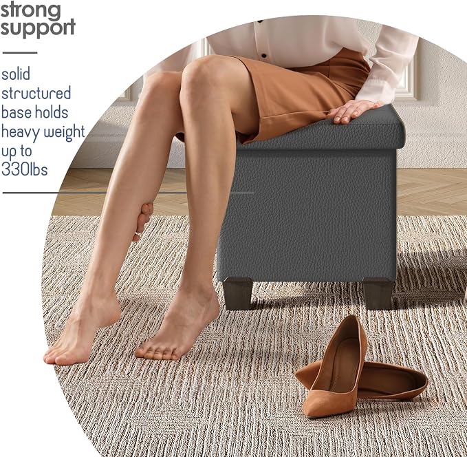 Storage Ottoman Cube with Small Bin, 15-in Square Ottoman with Storage for Living Room and Bedroom, Small Ottomans Foot Rest, Faux Leather Foot Stools Ottomans Max 330lbs, Grey
