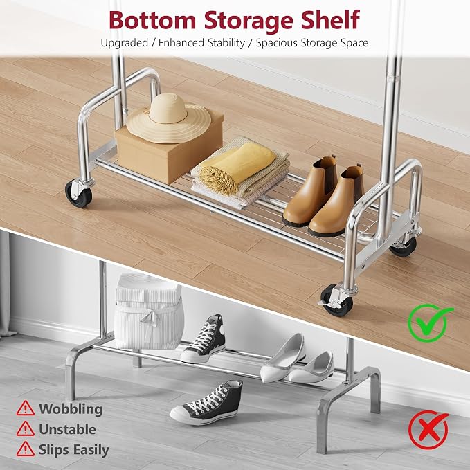 Clothes Rack with Shelf, Rolling Heavy Duty Load 300 LBS, Chrome | Clothing Rack with Extendable Rod and Height Adjustable, Portable Garment Rack for Bedroom, Rental Apartments, Market Stalls