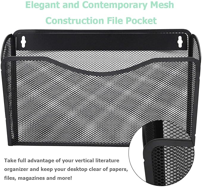 EASEPRES 3 Single Pocket Mesh Hanging File Organizer, Vertical Wall Mounted Magazine File Holder, Mount Basket Mail Paper Document Folder Organizing for Office, Home and School, Black