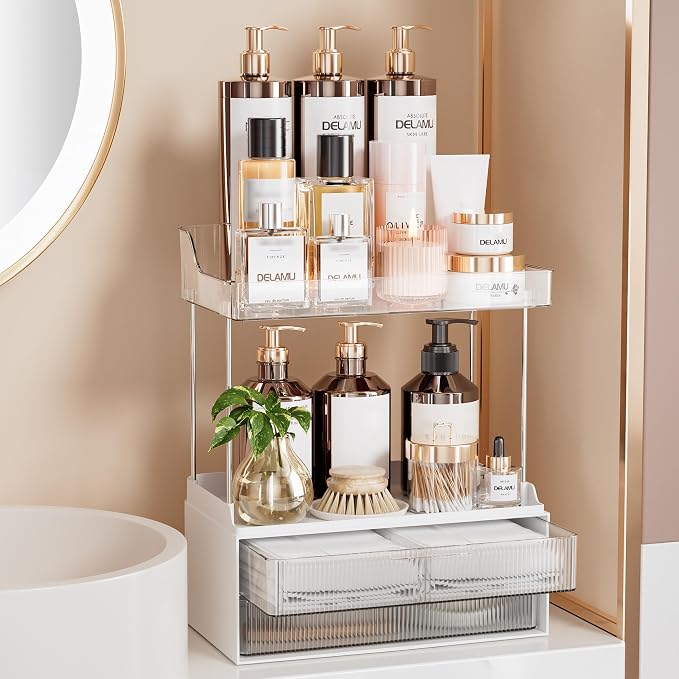 Delamu 4-Tier Makeup Organizer, Bathroom Counter Storage, 2 Drawers,Clear | Elegant Vanity Organizer Gift for Women, Holds Perfume, Skincare, Nail Polish & Hair Accessories for Bathroom Countertop