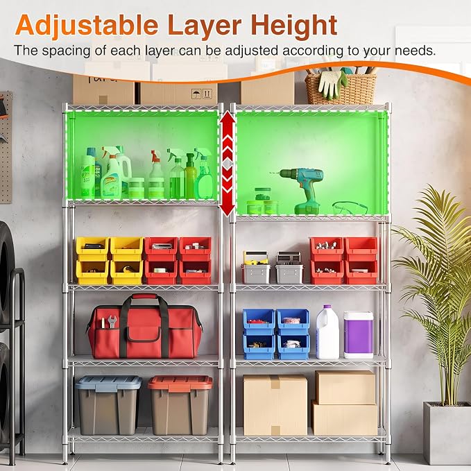 BestOffice | 5-Tier Wire Shelf with Wheels | 14" x 30" x 60" | Chrome | Storage Shelves with Adjustable Racks, Holds upto 220 lbs | Rust-Resistant, No-Tool Assembly | For Home, Garage