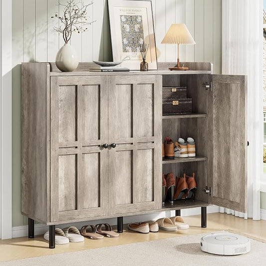 ONBRILL Shoe Cabinet with 3 Doors and Adjustable Shelves, 30 Pairs Shoe Storage Cabinet, 40 Inch Tall Farmhouse Shoe Rack Shoe Organizer Cabinet for Entryway Living Room Closet, Gray Wash