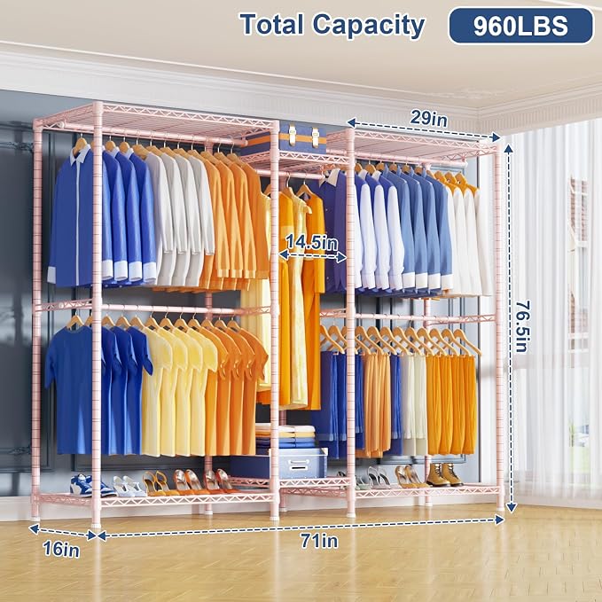 E12 Pro Clothes Rack，Heavy Duty Freestanding Garment Rack with Shelves，Metal Clothing Closet Storage System for Hanging Clothes，71" W x 16" D x 76.5" H, Hold 960 lbs，Pink
