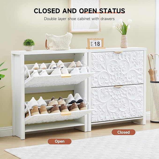 weselon Shoe Cabinet with Flip Drawers, Narrow Shoe Storage Cabinet, 2-Tier Hidden Shoe Organizer with Carved Floral for Entryway, Mid-Century Modern Slim Shoes Storage for Hallway Foyer (1, White)