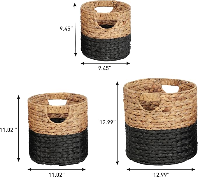 happimess Avery 3-Piece Cylinder Nesting Baskets 13", Black/Natural | Hyacinth, Bohemian Cottage Style, Handwoven Wicker, Iron Metal Frame, Decorative Storage For Toys And Books, Built In Handles