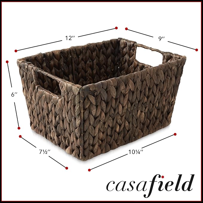 Casafield Set of 4 Water Hyacinth Storage Baskets with Handles - Espresso Brown, Woven Storage Bins for Shelves, Blankets, Laundry Organization