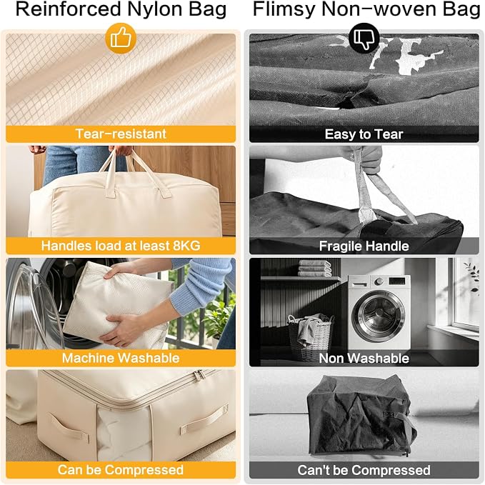 Comforter Storage Bag, Large Capacity Blanket Storage Bags 2-Layer Ultra Space Saving Self Compression Organizer, Heavy Duty Space Saver Organizer for Bedding, Clothes, Blanket, 2-Pack, Beige
