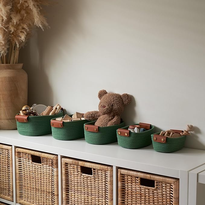 Beautiful Storage Basket Set of 5 - Sturdy Cotton Rope Baskets for Shelves Are Perfect for Organizing Your Home - Quality Storage Bins Easily Fit With Any Nursery or Bedroom Decor