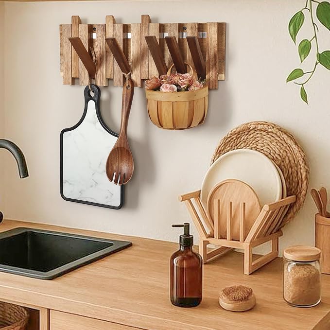 Wall Coat Rack for Entryway: Folding Wood Rustic 8 Hooks | 16.5inch Piano Hanger for Small Space Bathroom Hallway for Towel Backpack Jacket - Farmhouse Design Decor (Staggered Style)