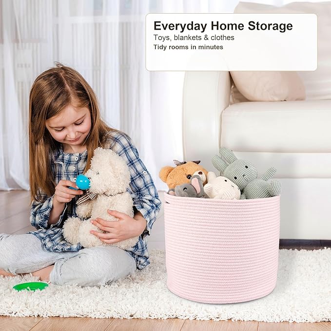 XUANGUO Cotton Rope Basket For Girls Kids 16”X14” pink | Baby Laundry Baskets, Blanket Basket, Nursery Bin; Round Woven Basket Organizer for Toy Storage, Blankets, Shoes and Clothes