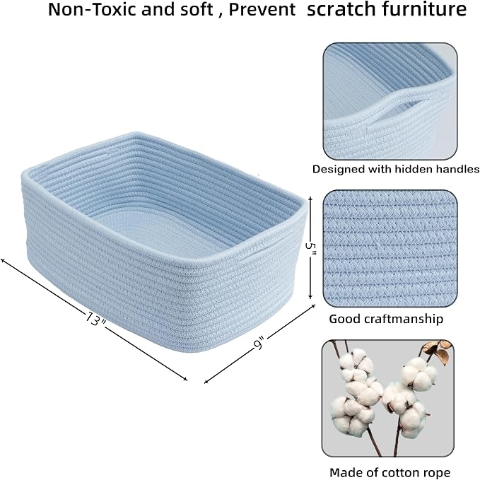 XUANGUO Small Woven Storage Baskets for Shelves, 13" x 9" x 5", Blue | Decorative rope storage bins for closets and toy storage; cute organizer baskets, empty gift baskets and nursery storage.