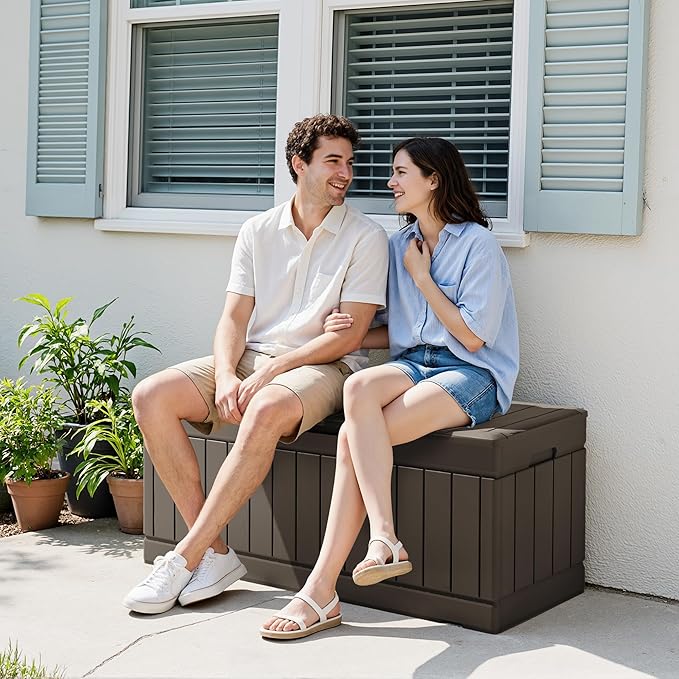 Devoko 78 Gallon Deck Box, Waterproof Resin Outdoor Storage Box | Outdoor Storage Bench Lockable for Outside and Patio Furniture, Garden Tools and Pool Supplies