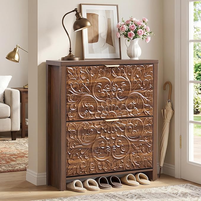 weselon Shoe Cabinet with Flip Drawers, Narrow Shoe Storage Cabinet, 2-Tier Hidden Shoe Organizer with Carved Floral for Entryway, Mid-Century Modern Slim Shoes Storage for Hallway Foyer (1, Walnut)