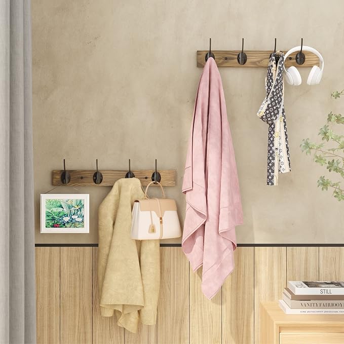 VERTORGAN 2 Pack Wall Mounted Wooden Hat Rack,4 Hooks Entryway(Brown) | Wood Coat Hooks,Wall Hooks for Hanging,Hat Rack Bag Hanger Key Holder for Wall,Purse Hanger Towel Racks for Bathroom