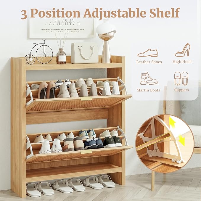 Fluted Shoe Storage Cabinet with 2 Flip Door for Entryway | Farmhouse, Natural color, Adjustable shelves, Tabletop guardrail, Freestanding shoe storage cabinet, for Entryway/hallway