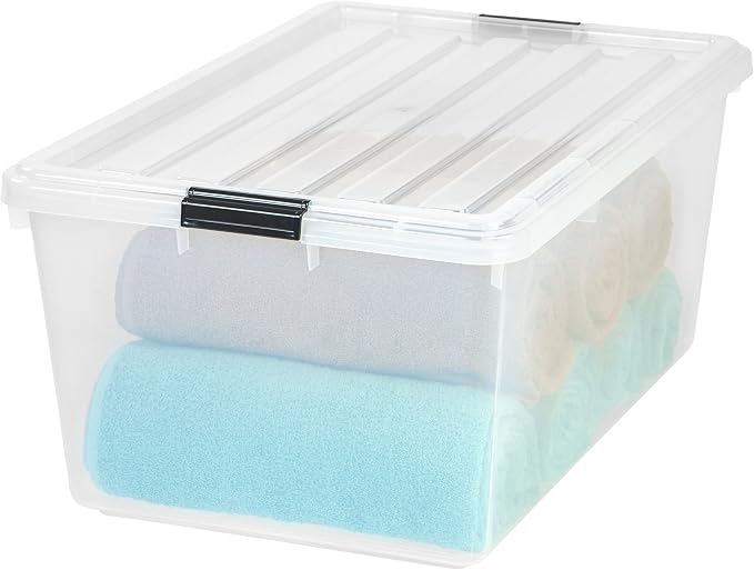 IRIS USA 68 Qt Stackable Storage Bins with Lids, Clear | Clear design makes contents easy to identify while organizing closets, bedrooms and storage rooms, Stackable and nestable