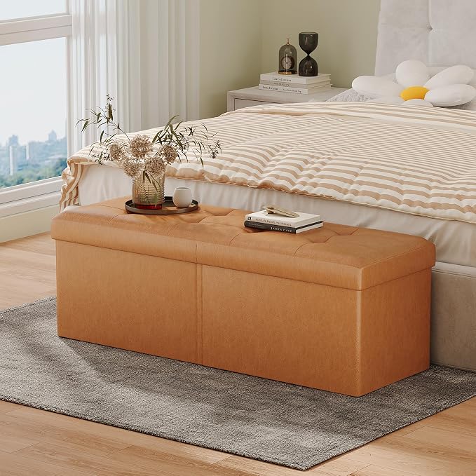 JIUYOTREE 31.5 Inch Foldable Storage Ottoman Bench for Bedroom, Retro Brown | Foldable Footstool, Multi-Functional Foot Rest, End of Bed Bench, Large Hidden Storage Space, Storage Chest For Living Room