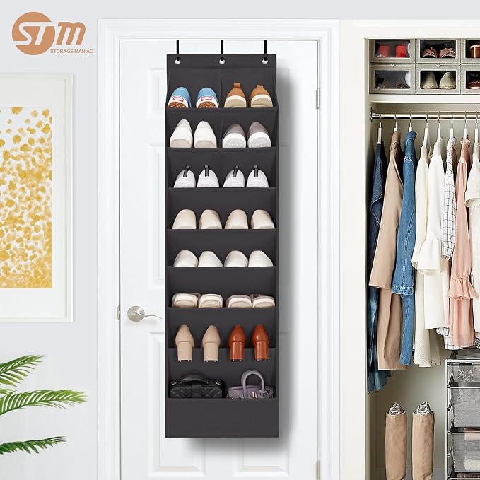 STORAGE MANIAC Over the Door Shoe Organizer Heavy-Duty Large Deep Pocket Hanging Shoe Organizer Shoe Rack Door Closet Shoe Organizer for Wall, Dorm & Narrow Door Storage Shoe Holder Black, 2 Pack