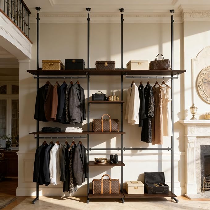 MZG Closet Organizer System, Freestanding Closet System with Wood Shelves & Hanging Rod, Adjustable Floor-to-Ceiling Open Wardrobe for Bedroom, Apartment & Walk-In Closet (16.8" D x72.1 W x 137.9" H)