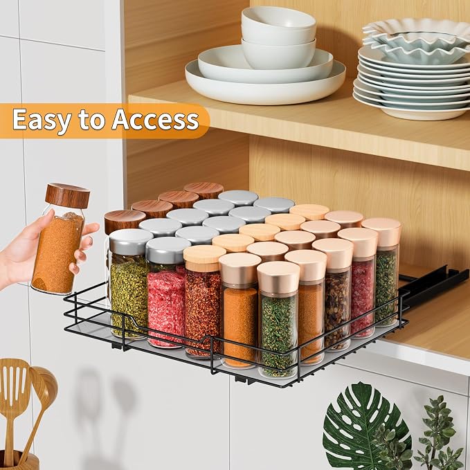 RCHYFEED Pull Out Spice Rack Organizer, 12.5" Wx10.5 Dx2.5 H | Slide Out Spice Rack for Inside Cabinets, Heavy Duty, Fits Kitchen and Pantry, For Seasoning, Sauces, Canned