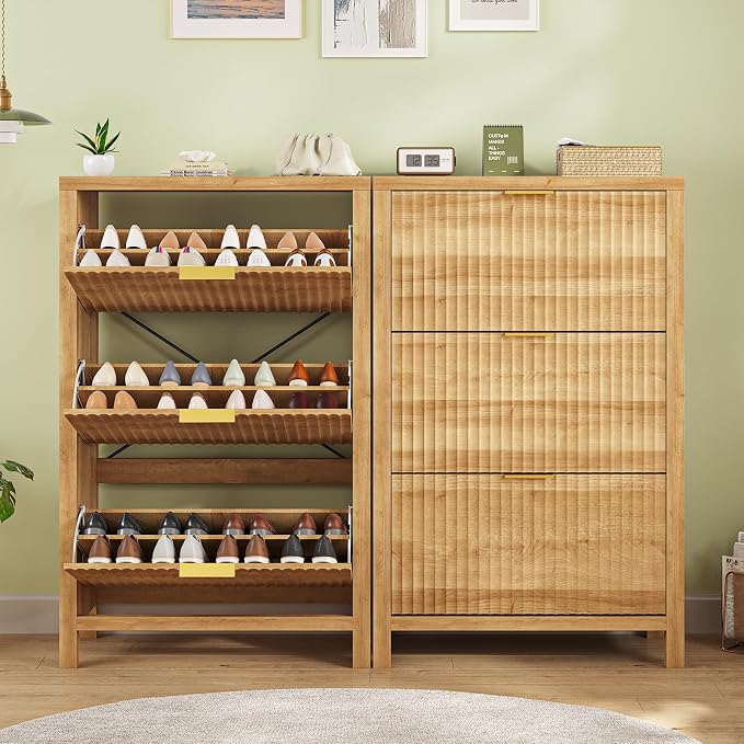 32" Fluted Shoe Cabinet Storage with 3 Flip Drawers for Entryway, Hallway | Hidden Shoe Rack Slim Freestanding Shoe Organizer with Legs for Hallway, Living Room, Oak