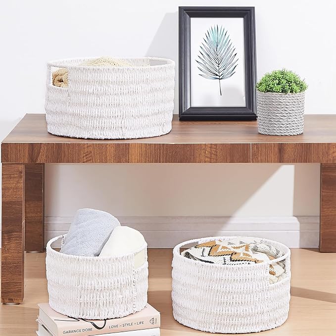 Wicker Storage Basket, Hand-Woven Paper Rope Large Round Woven Basket With Handles, Wicker Baskets for Organizing/Storage, White, 3-Pack