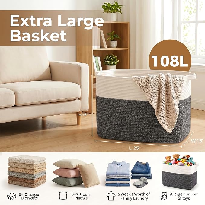 OIASKET 108L Cotton Rope Storage Basket for Living Room and Bedroom 25"x16"x16" Woven Laundry Basket, Heavy Duty Bin for Blankets, Pillows & Toys, Pet-Safe & Scratch-Free, Dark Grey and White