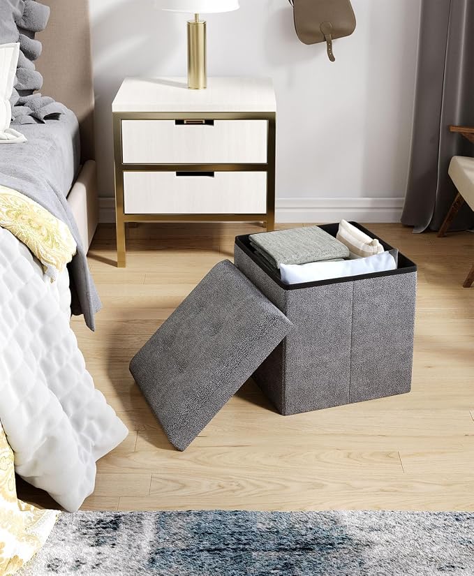 Folding Storage Ottoman Bench, Dark Gray, 15 Inches | Multi-Functional Ottoman Foot Rest, End of Bed Bench, Storage Chest, Living Room, Bedroom, Hallway, Entryway, 300 lb Capacity