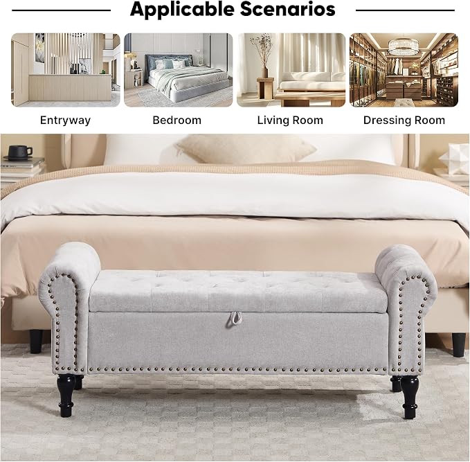 51" Storage Bench for Bedroom, Chenille End of Bed Bench, Queen Size Bench with Rolled Arms, Tufted Storage Ottoman Benches, Upholstered Bench for Bedroom, Living Room, Entryway, Light Grey