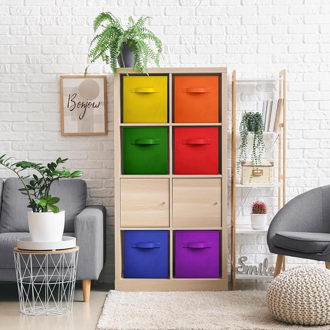 Sorbus 13 Inch Fabric Storage Cubes - Sturdy Collapsible Bins With Handle - 6 Foldable Baskets for Organizing Clothes, Toys, Books - Multi Colored Storage Baskets for Shelves, Kids Room, Closets