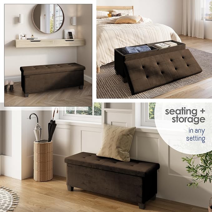 Storage Ottoman Bench with Bins, 43-in Storage Bench for Bedroom End of Bed, Folding Foot Rest Ottoman for Living Room Max 660lbs, Velvet Ottomans, Brown