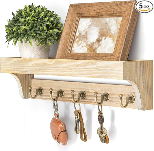 Rebee Vision Key Holder Wall Mount with Shelf for Room Decor, Natural Wood | Pine Wood Key Holder for Wall, 5 Key Hooks, Small Plant Display, Cute Item Storage, Home Organizer, Decorative Room Accent
