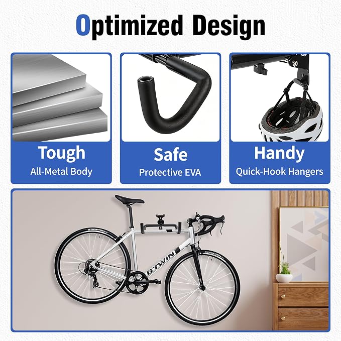 Bike Wall Mount Hanger, Horizontal Rack | Heavy-Duty, Adjustable, For Road, Mountain & Hybrid Bikes, Garage, Apartment & Home Use