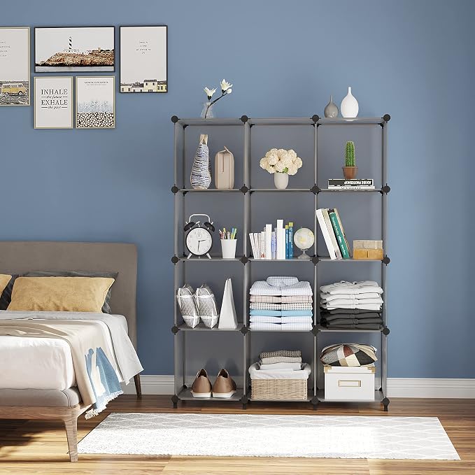 AWTATOS 12 Cube Storage Organizer, Closet Organizer Storage Shelves, Grey | Portable Closet Organizers, DIY Stackable Storage Cubes Shelves Bookshelf, Plastic Clothes Shelving for Home, Bedroom