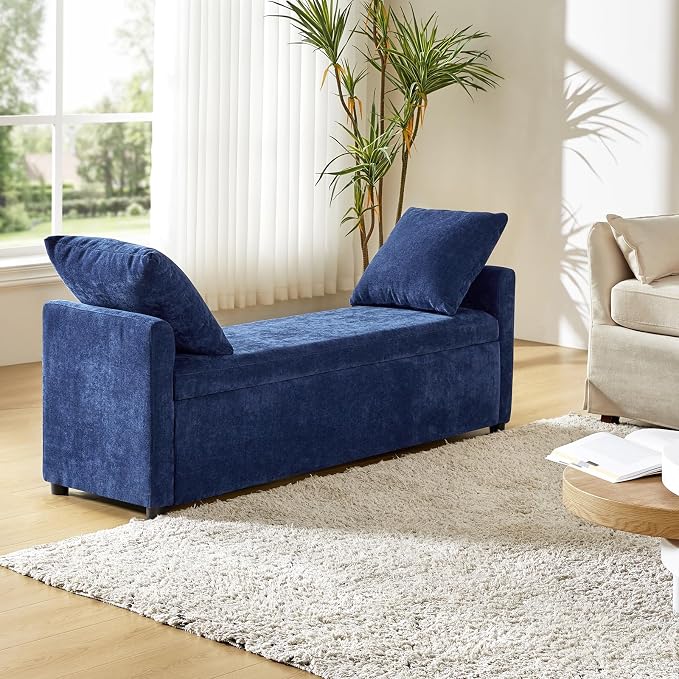 HULALA HOME 59" Storage Bench with 2 Throw Pillows & Armrests, Navy | Modern Long Bedroom Bench for End of Bed, Comfy Upholstered Fabric Footstool for Entryway Living Room