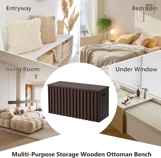 Storage Bench Set of 2, 39.4" Wood Storage Trunk with 2 Safety Hinges, Sturdy Storage Chest, Fluted Wood Leg, Walnut